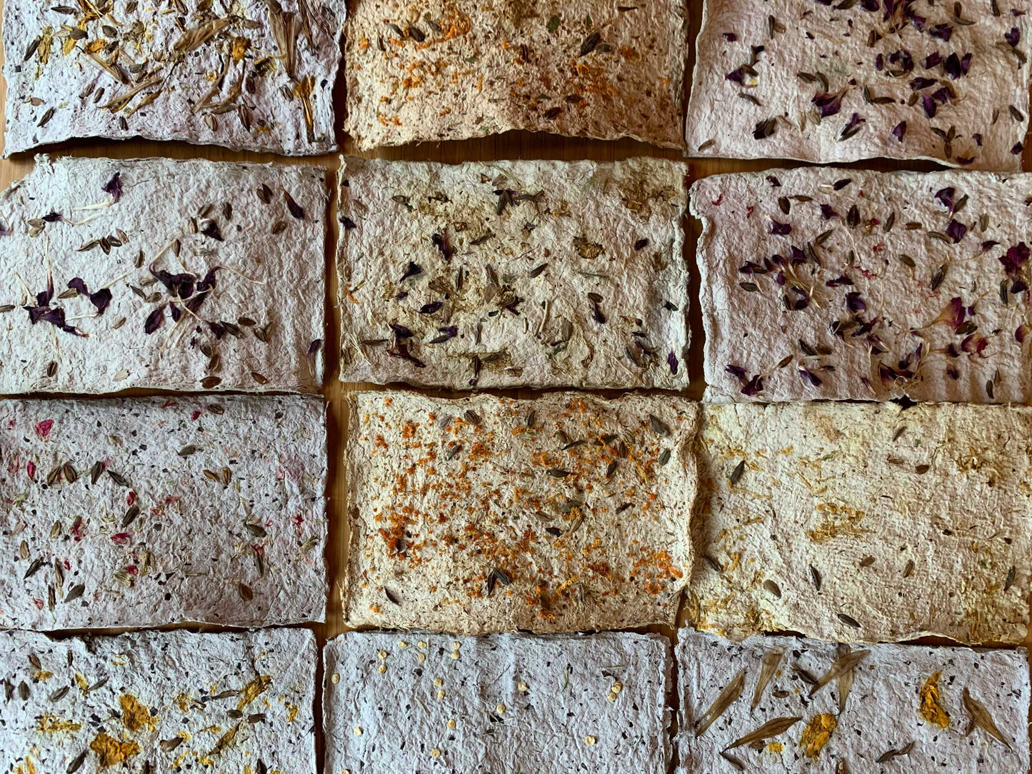 Seed paper grid from above showing a variety of types, colors and textures of seed paper